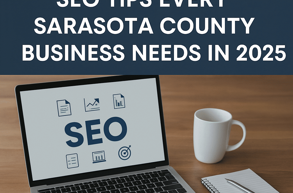 A laptop on a wooden desk displays the word "SEO" with icons for analytics and performance. A white coffee mug, notepad, and pen are beside it. Above, bold text reads: "10 Essential Local SEO Tips Every Sarasota County Business Needs in 2025."
