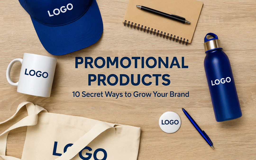 A flat-lay image of promotional products arranged on a wooden surface, including a branded cap, mug, tote bag, notebook, pen, and water bottle labeled “LOGO.” Centered text reads “Promotional Products – 10 Secret Ways to Grow Your Brand.” Clean, professional composition in landscape orientation, ideal for a blog post or Google update.