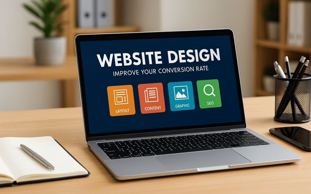 A laptop on a tidy wooden desk displays the words “Website Design – Improve Your Conversion Rate” with colorful icons for layout, content, graphics, and SEO. A notepad, pen, smartphone, and small plant are nearby, representing professional website design and optimization for businesses in Venice, FL. Landscape orientation, optimized for blog and Google update use.