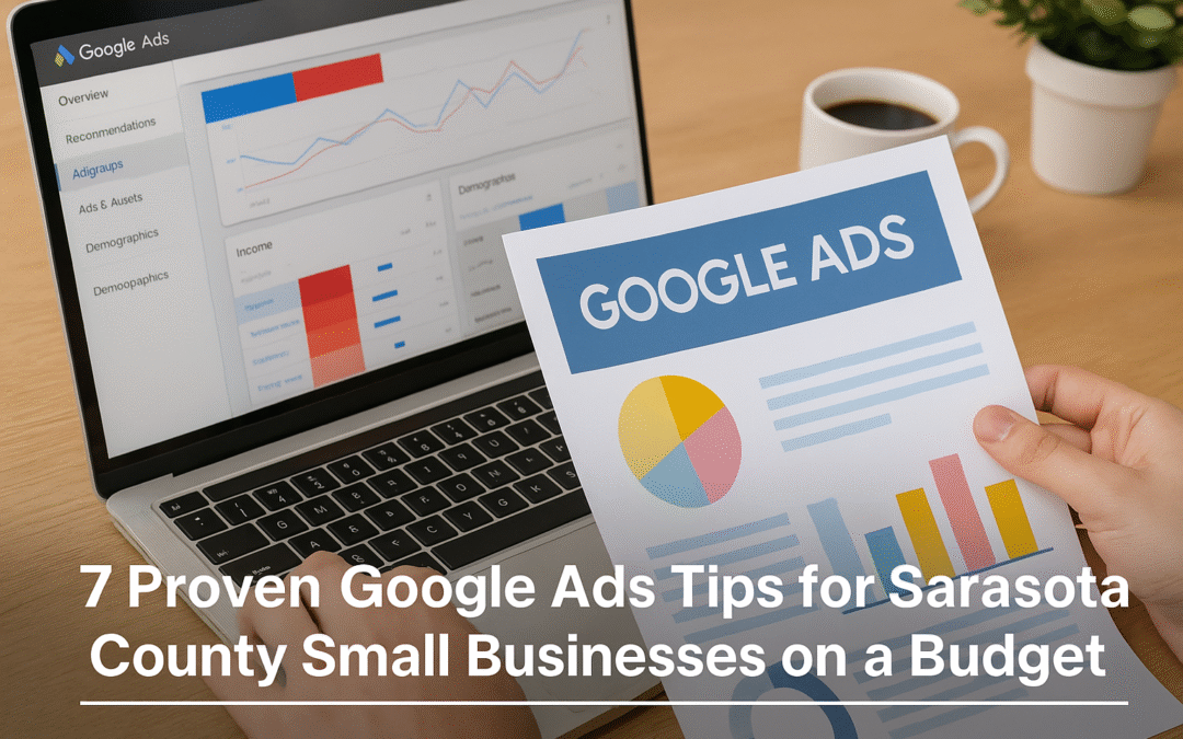 A laptop displaying Google Ads analytics with charts and graphs, while a person holds a printed report labeled “Google Ads.” A coffee mug and plant sit on the desk, symbolizing small business marketing strategy in Sarasota County, FL. Ideal for a blog post or Google update in landscape orientation.