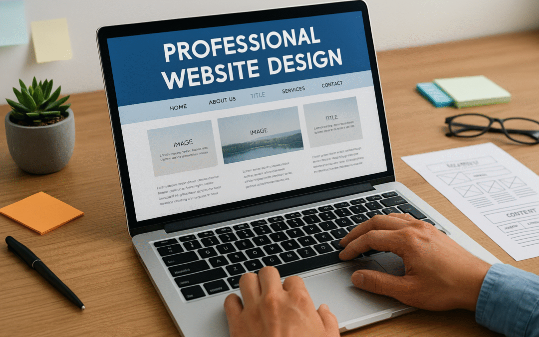 A web designer working on a laptop displaying a professional website design layout with blue and white elements. The workspace includes a pen, notebook, eyeglasses, and plant on a wooden desk, representing modern website design and optimization for Sarasota County and Venice, FL businesses. Ideal for a blog post and Google update in landscape orientation.