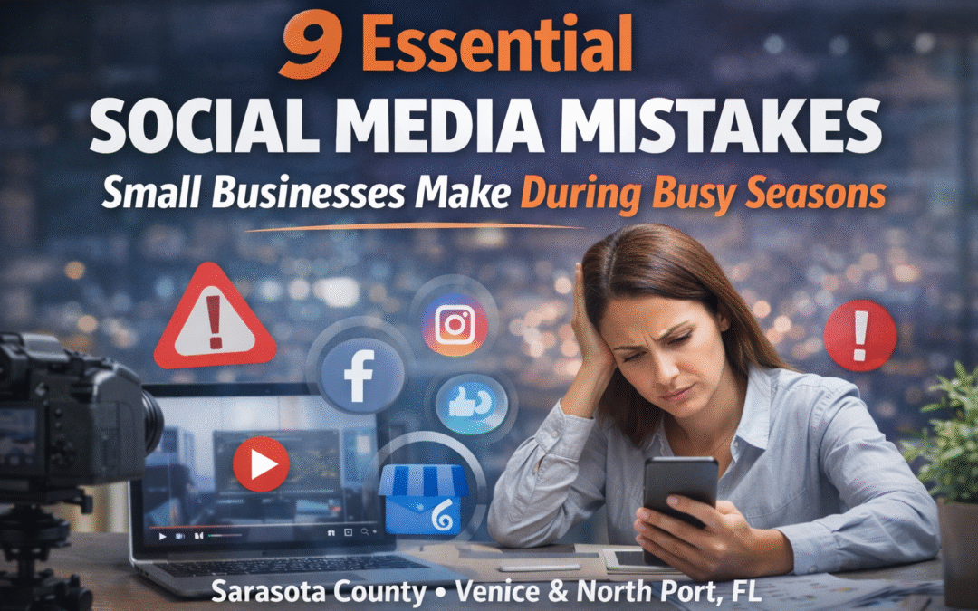 A small business owner looking stressed while checking social media on a smartphone at a desk with a laptop, camera, and social media icons, illustrating common social media mistakes businesses make during busy seasons. Landscape image designed for a blog post and Google Business update.