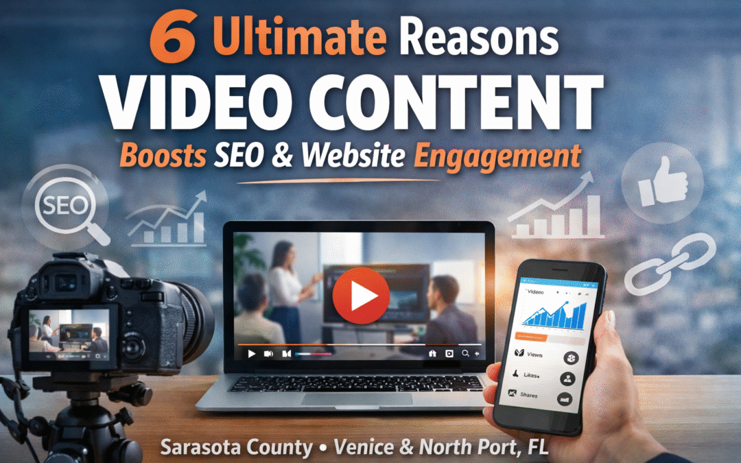 A professional marketing workspace showing a video camera, laptop playing a business video, and a smartphone displaying analytics. Overlay text reads “6 Ultimate Reasons Video Content Boosts SEO & Website Engagement,” representing how video marketing improves search visibility and user engagement for local businesses.