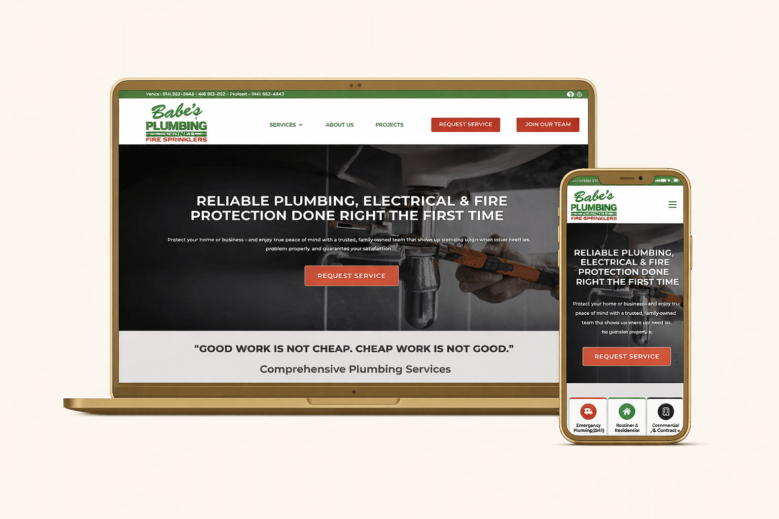 Responsive website design displayed on laptop and mobile device mockup for Babe’s Plumbing in Venice, Florida, showcasing modern plumbing website design and mobile optimization