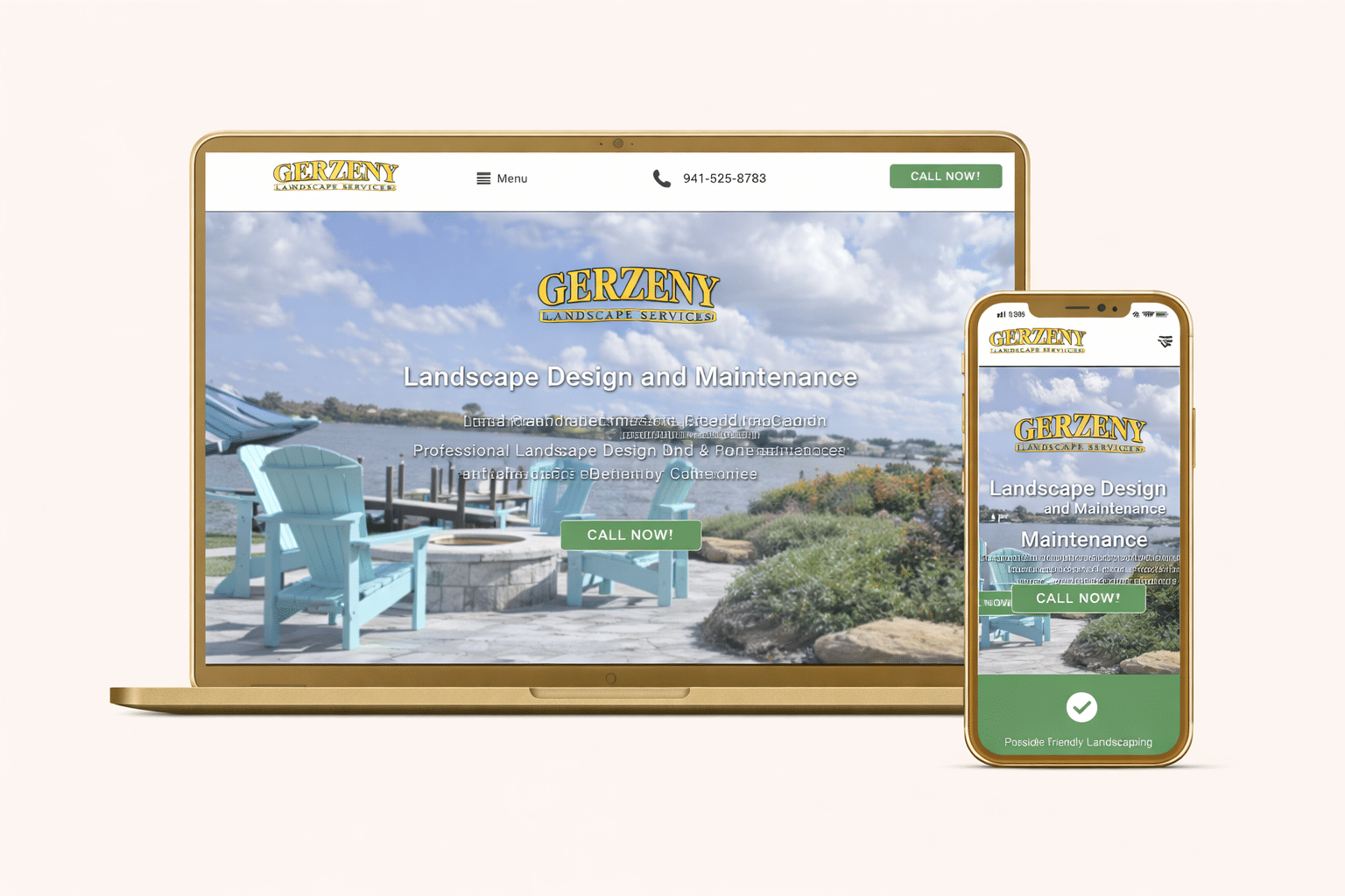 Responsive website design displayed on laptop and mobile device mockup for Gerzeny Landscape in Nokomis, Fl, showcasing modern, user-friendly web design and mobile optimization.
