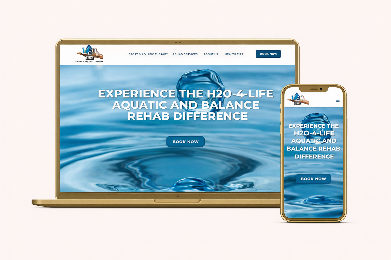 Responsive website design displayed on laptop and mobile device mockup for H2O-4-Life Aquatic Therapy in Nokomis, Florida, showcasing healthcare website design and mobile optimization