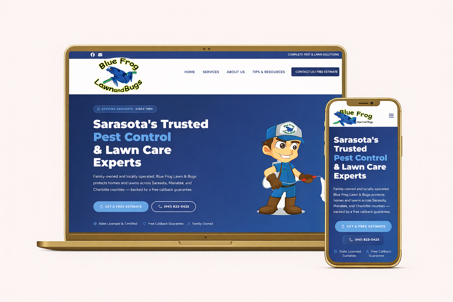 Responsive website design displayed on laptop and mobile device mockup for Blue Frog Lawn & Bugs in Sarasota, Florida, showcasing pest control and lawn care website design