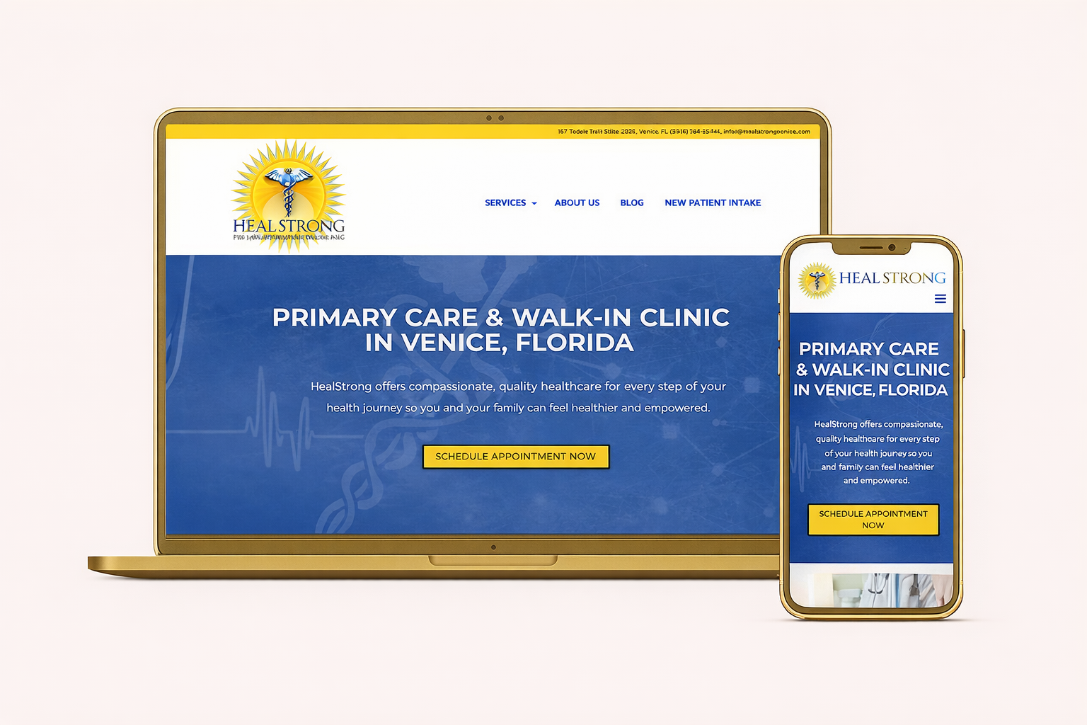 Responsive website design displayed on laptop and mobile device mockup for Healstrongin Venice, Fl, showcasing modern, user-friendly web design and mobile optimization.
