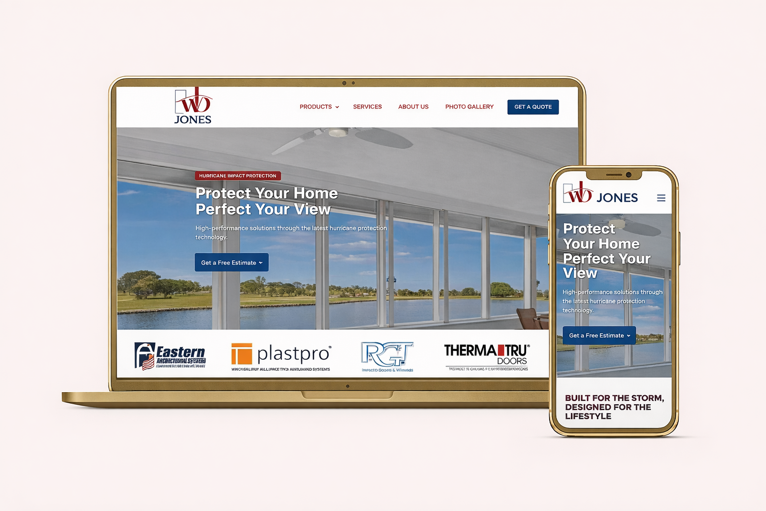 Responsive website design displayed on laptop and mobile device mockup for Jones Window and Door in Port Charlotte, Fl showcasing modern, user-friendly web design and mobile optimization.
