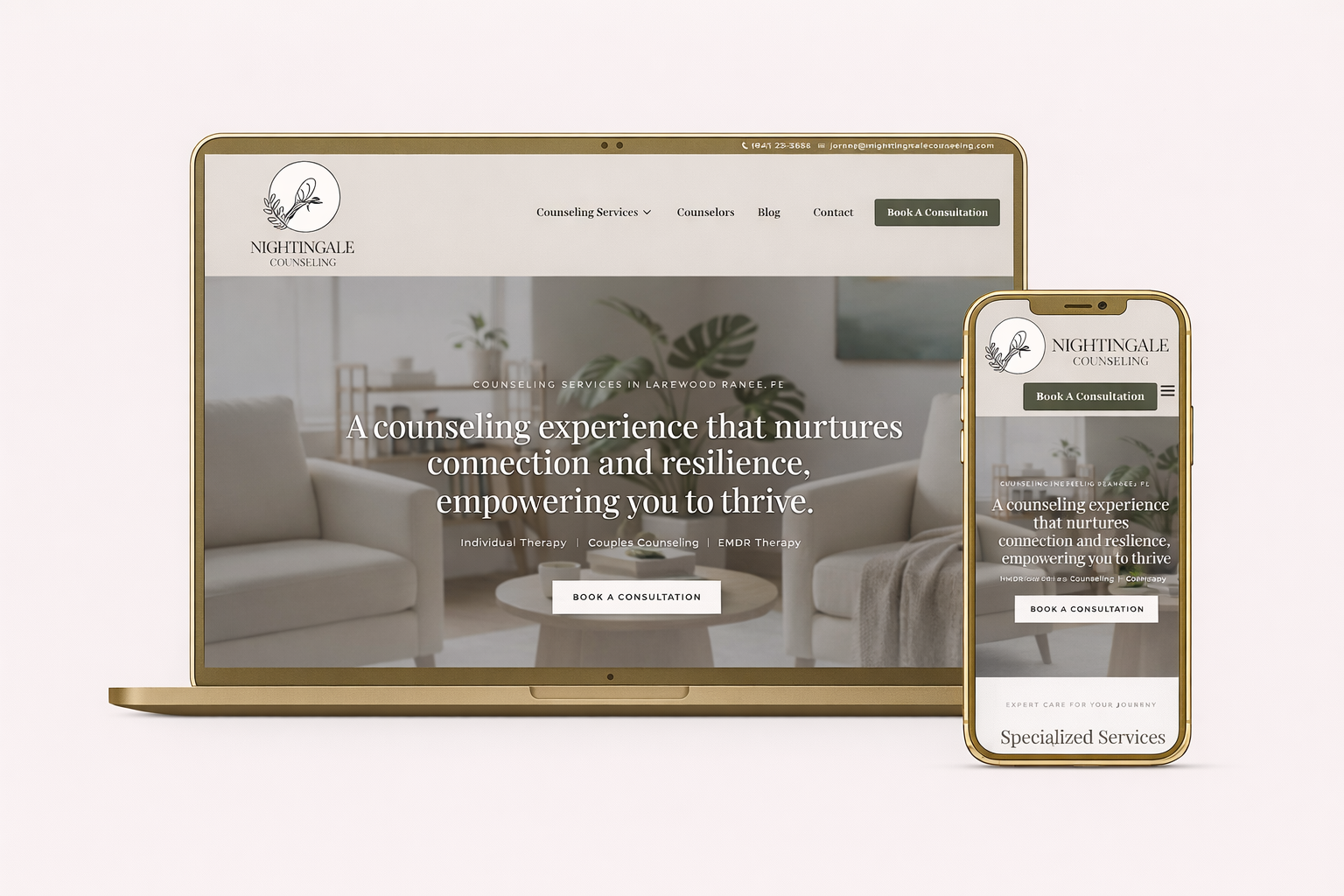 Responsive website design displayed on laptop and mobile device mockup for nightingale counseling in Sarasota, Fl, showcasing modern, user-friendly web design and mobile optimization.