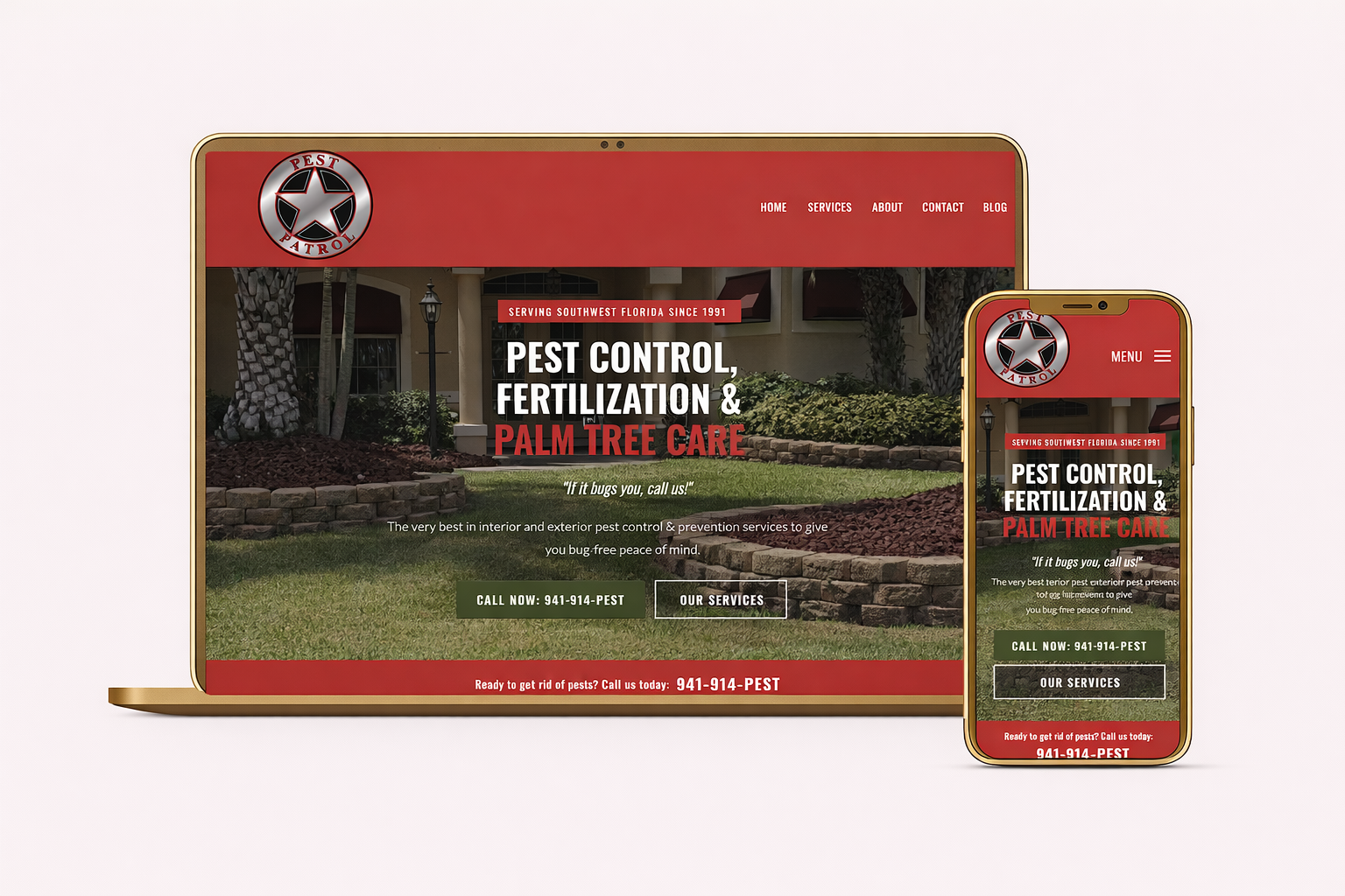 Responsive website design displayed on laptop and mobile device mockup for Pest Patrol in North Port, Fl, showcasing modern, user-friendly web design and mobile optimization.