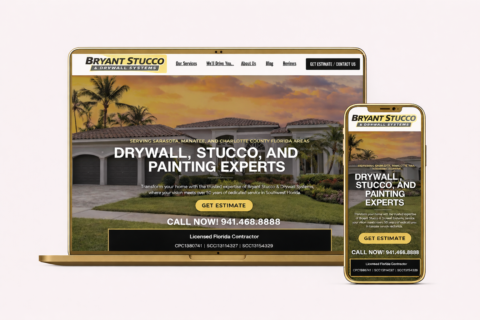 Responsive website design displayed on laptop and mobile device mockup for Bryant Stucco & Drywall Systems in Venice, Florida, showcasing contractor website design
