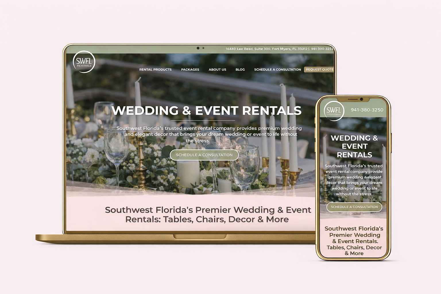 Responsive website design displayed on laptop and mobile device mockup for SWFL Wedding & Event Rentals in Fort Myers, Florida, showcasing event rental website design