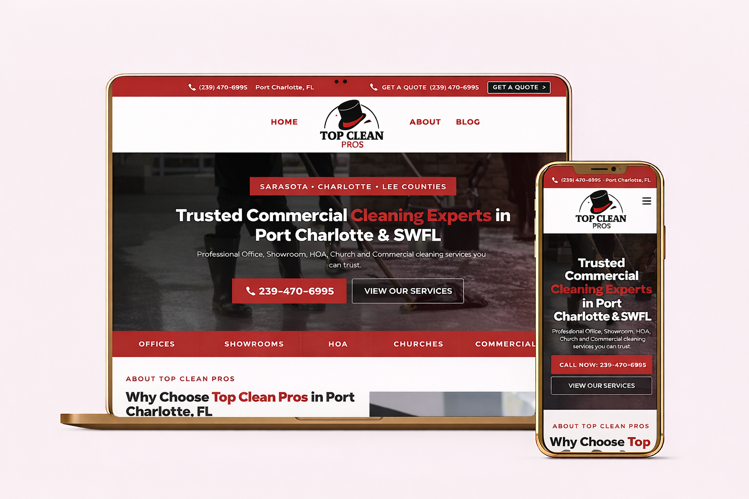 Responsive website design displayed on laptop and mobile device mockup for Top Clean Pros in Port Charlotte, Fl, showcasing modern, user-friendly web design and mobile optimization.